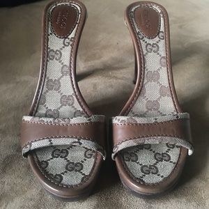 Gucci monogram heels open toe